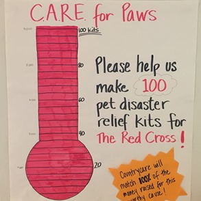 The 2015 C.A.R.E. for Paws goal poster: 100 pet disaster relief kits for the Red Cross
