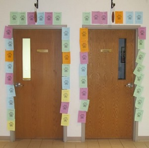 Donor paw prints lining the lobby doorways, 2014