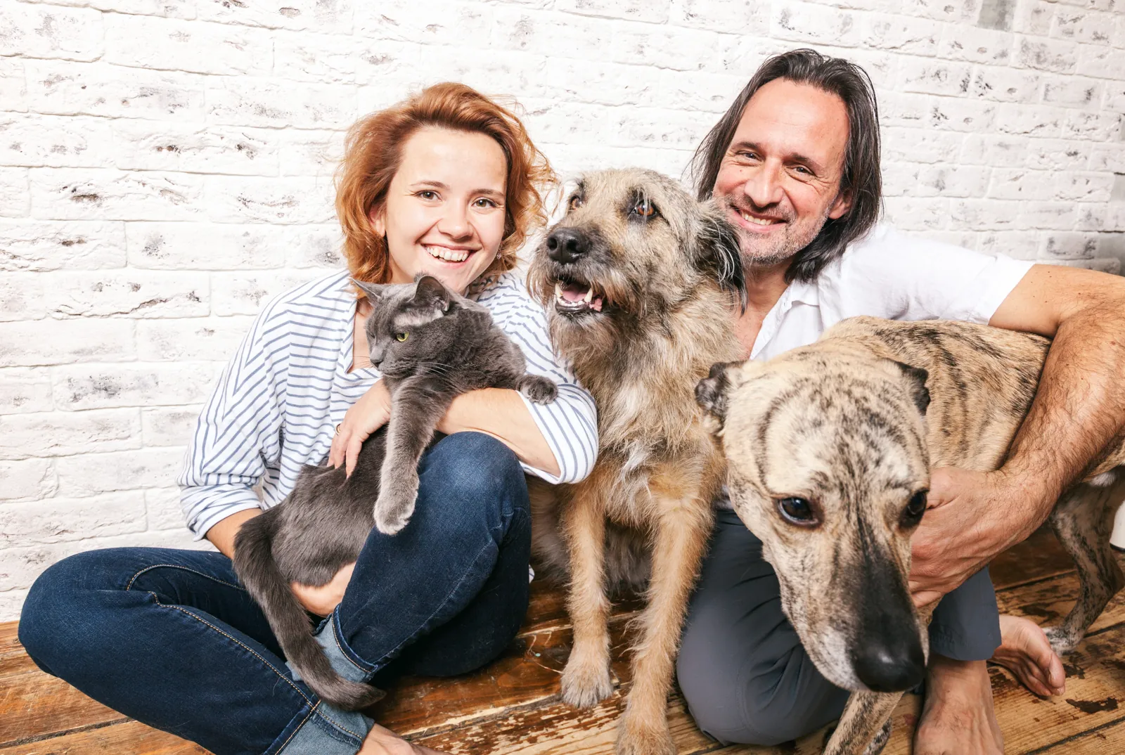 A smiling couple sits on the floor at home with their gray cat and two shaggy dogs