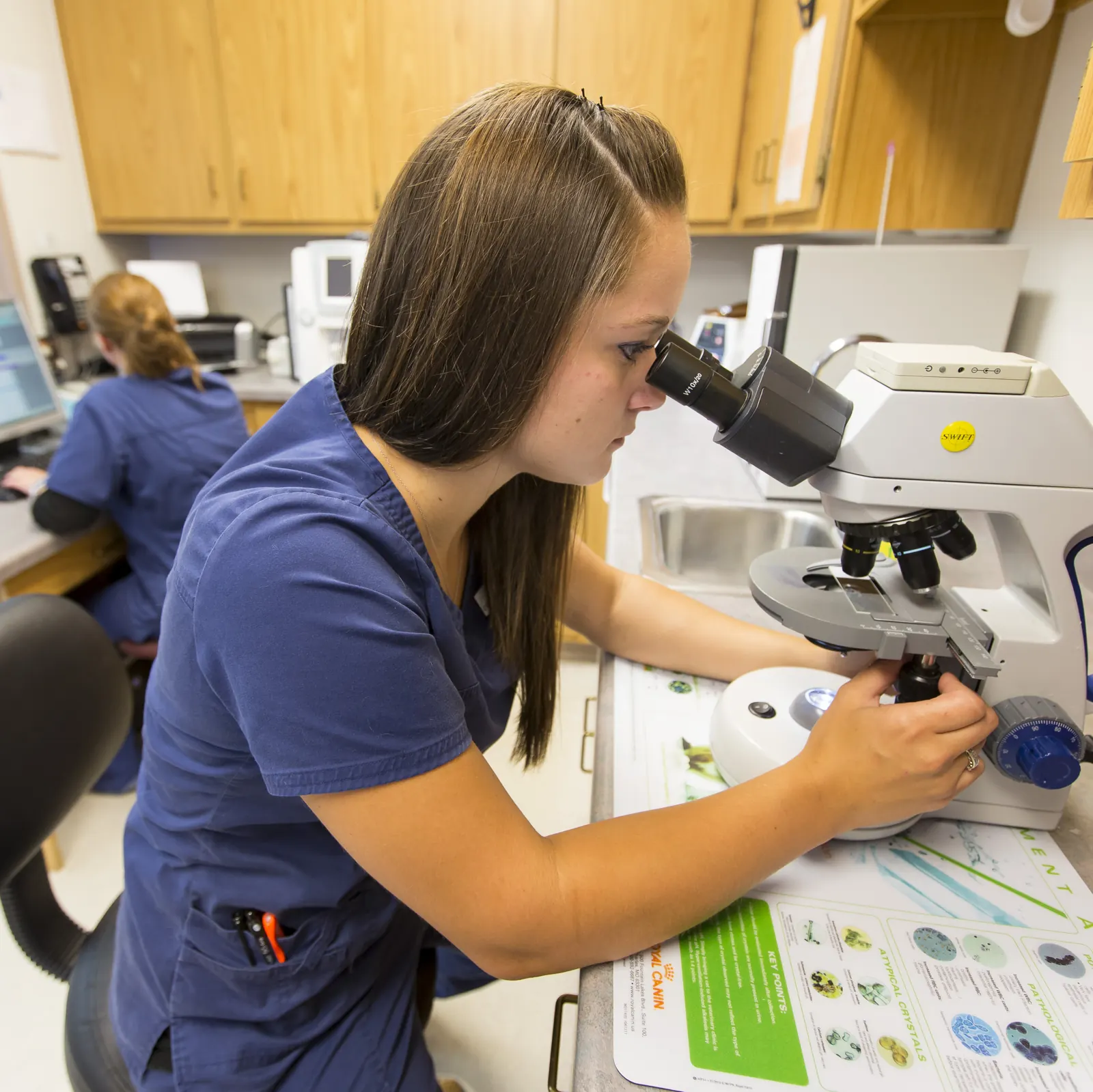 A Countrycare technician looks through a microscope in the clinic’s in-house laboratory