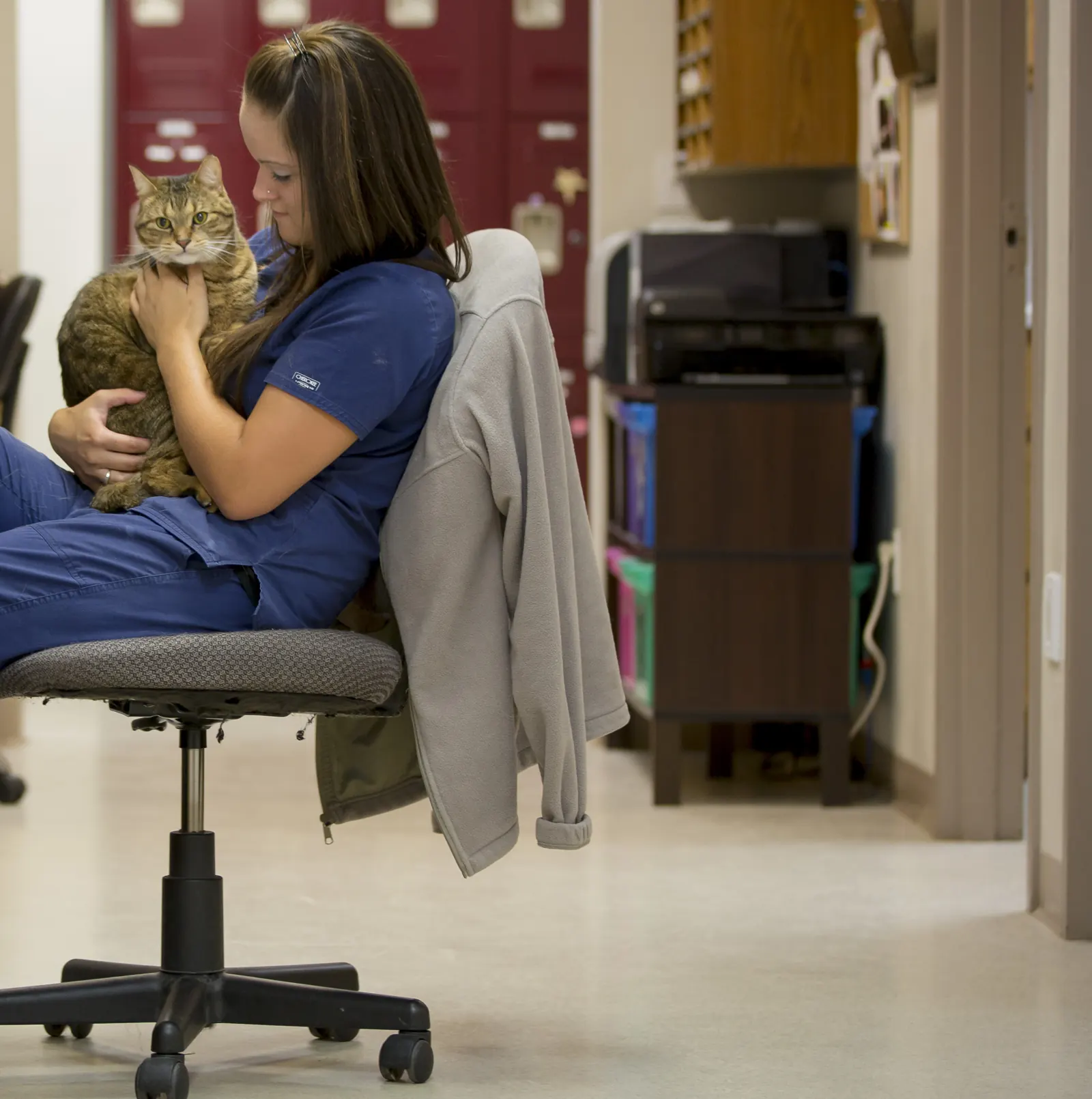 A Countrycare technician sits in the treatment area with a tabby cat cuddled on her lap