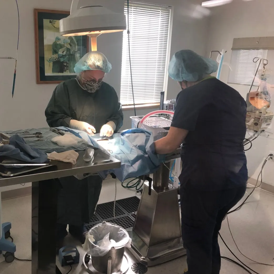 A masked surgeon operates under the surgical light while a Countrycare technician assists across the table