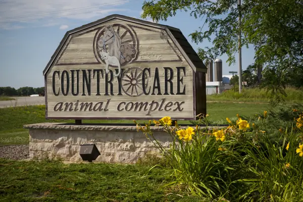 The Countrycare Animal Complex sign among yellow daylilies