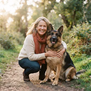 A woman crouching beside her German Shepherd on a wooded path, one arm around the dog.